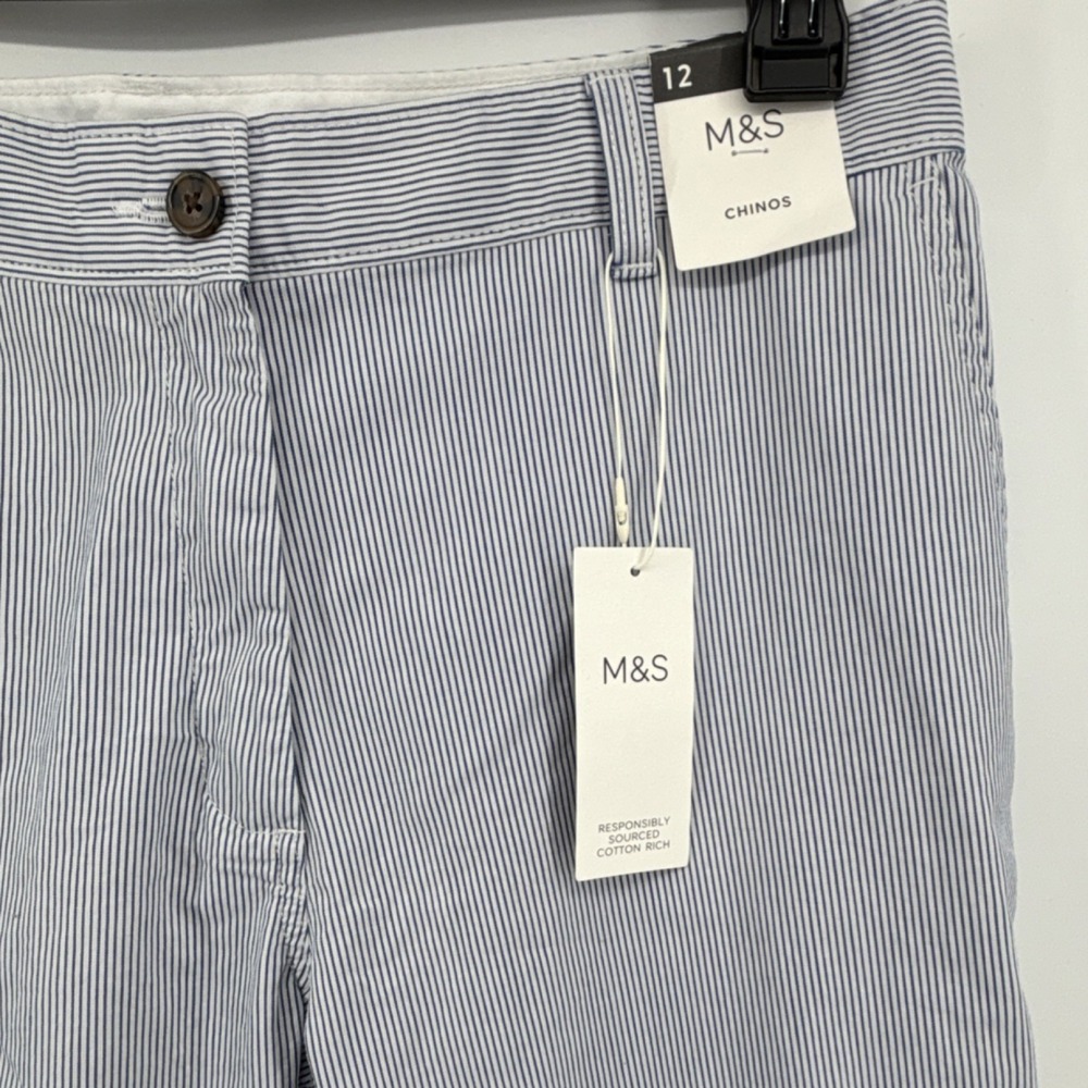M&S Marks & Spencer Women Chino Pants Blue White Striped Stretch Straight Leg 12
